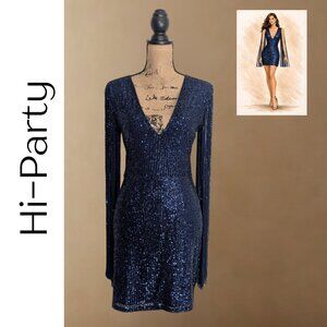 Hi-Party Navy Sequin Deep V Mini Dress with Dramatic Fringe Sleeves